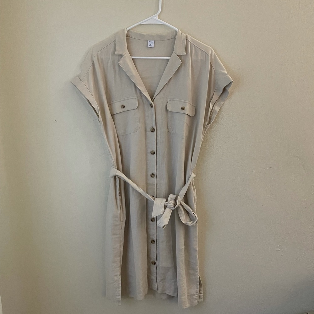Tan dress with brown buttons. Linen/rayon
